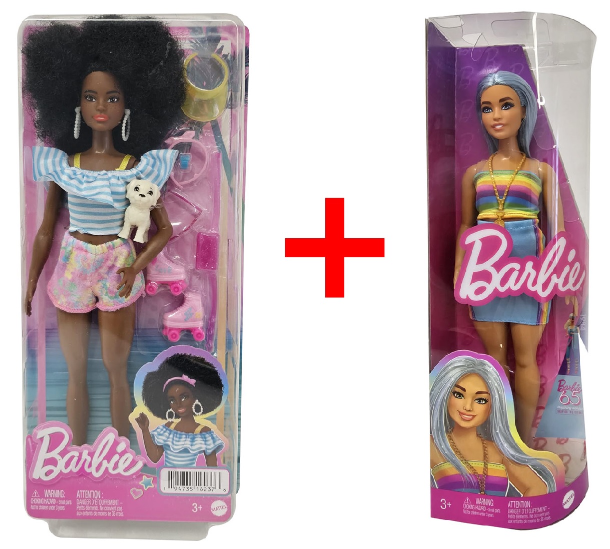 2er-Set Barbie Puppen HPL77 Sport-Barbie mit Rollschuhen und HRH16 Modepuppe im Regenbogen-Top, Modepuppen, Sammelfiguren, Geschenk-Set