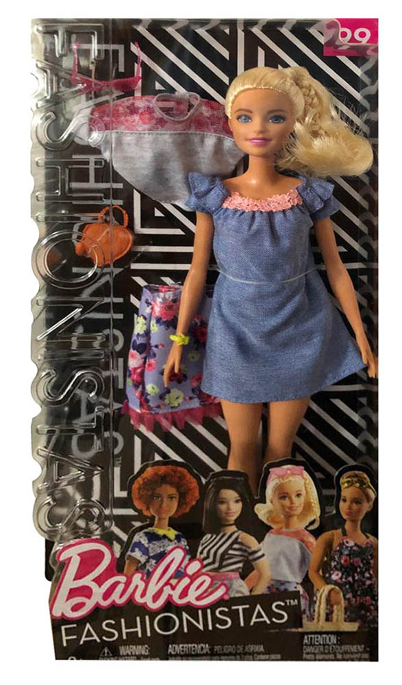 Mattel Barbie - Fashionistas Puppe und Mode Geschenkset, im blauen Kleid, mit ro
