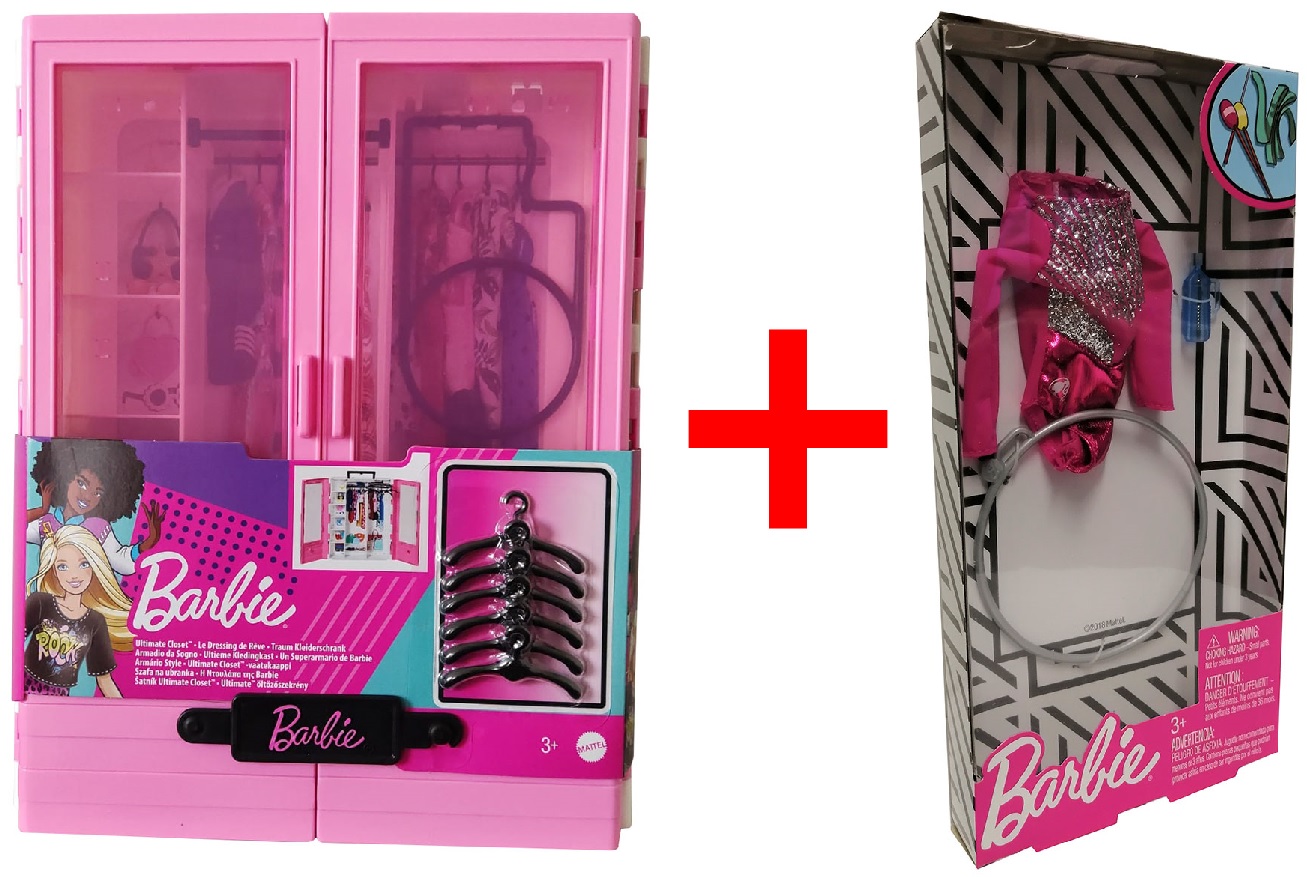 Mattel 2er-Set GBK11 Barbie Traum Kleiderschrank mit Kleiderbügel + FXH99 Barbie Karriereoutfit Langarmbody mit Reifen und Trinkflasche, GESCHENK-SET