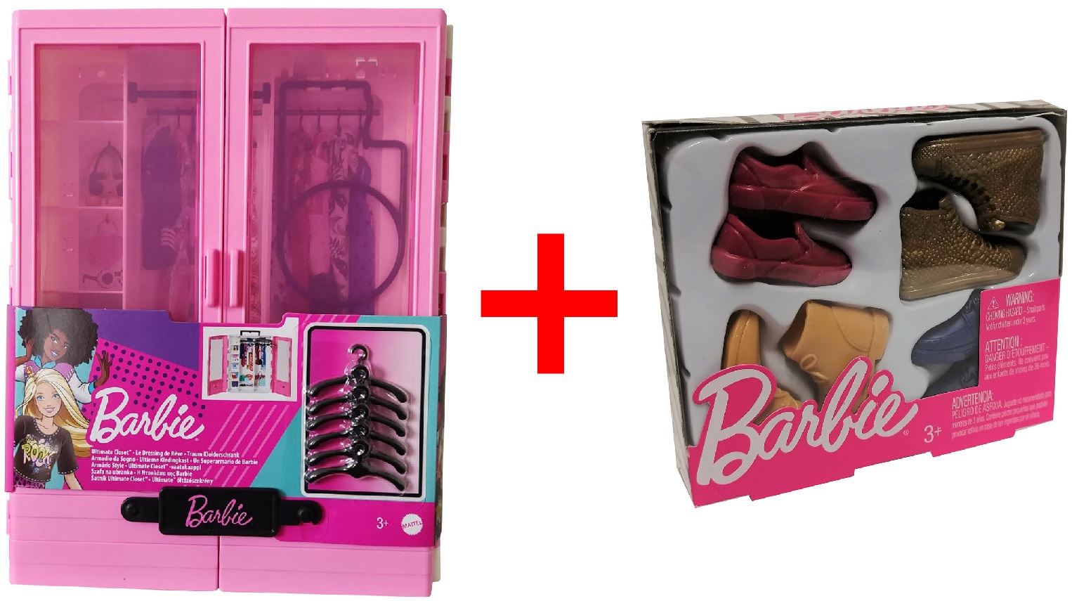 Mattel 2er-Set GBK11 Barbie Traum Kleiderschrank mit Kleiderbügel + GNJ69 Barbie Schuh-Set Ken 4 teilig Rot/Gold/Blau/Ocker Puppenzubehör GESCHENK-SET