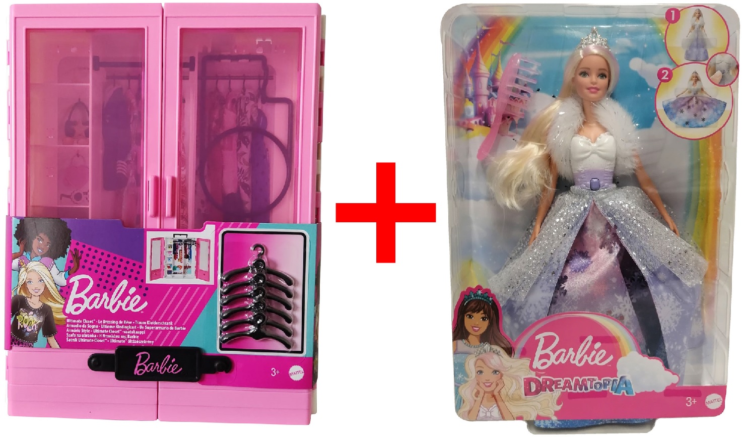 Mattel 2er-Set GBK11 Barbie Traum Kleiderschrank mit Kleiderbügel + GKH26 Dreamtopia Barbie-Prinzessin mit Glitzerkleid und Haarbürste, GESCHENK-SET