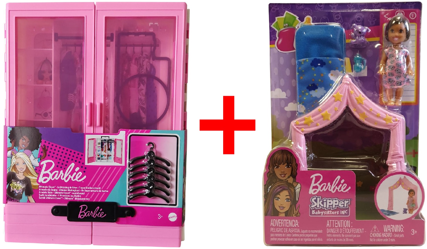 Mattel 2er-Set GBK11 Barbie Traum Kleiderschrank mit Kleiderbügel + FXG97 Skipper Babysitters Schlafenszeit mit Puppe, Zelt und Schlafsack, GESCHENK-SET