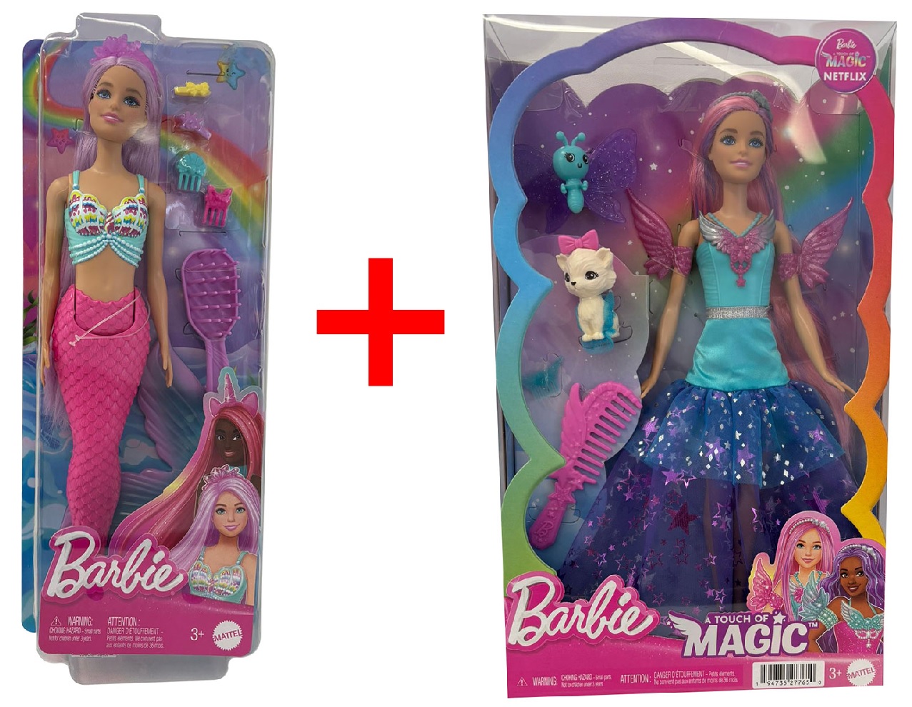 2er-Set Barbie HRR00 Meerjungfrau mit beweglicher Schwanzflosse und JCW48 Modepuppe im mehrlagigen Kleid, Sammelfiguren, Geschenk-Set