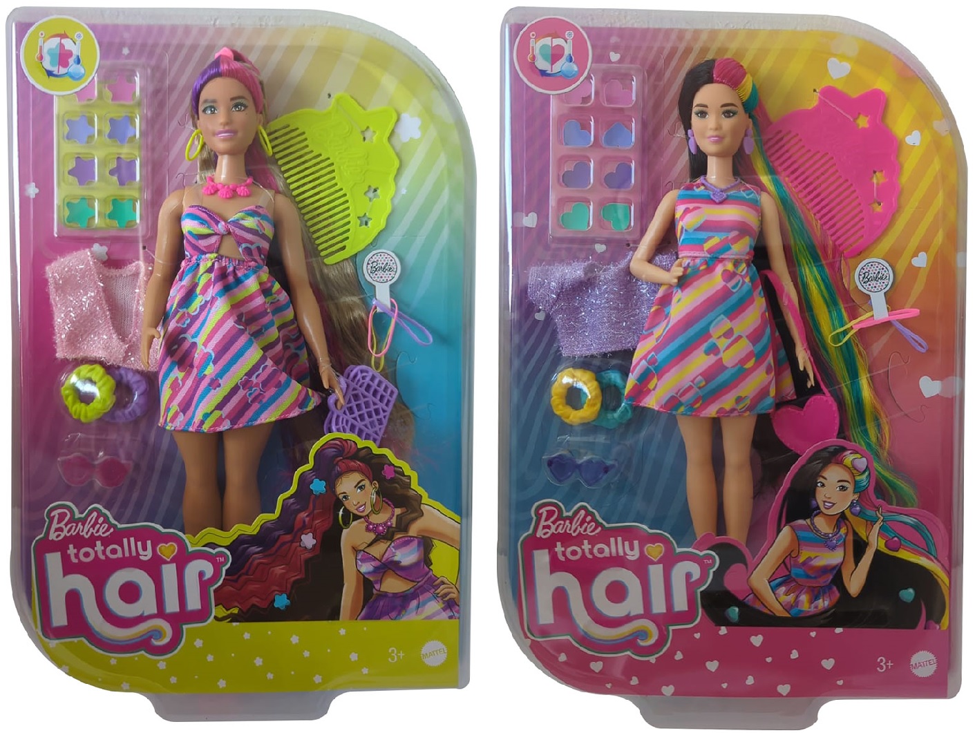 Barbie Totally Hair Star Puppen im buntem Blumenkleid oder im bunten gestreiften Kleid mit 15 Zubehörteilen, Haarspangen, Haargummis, Kamm, Handtasche (Auswahl)
