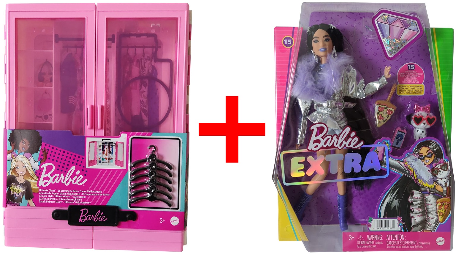Mattel 2er-Set GBK11 Barbie Traum Kleiderschrank mit Kleiderbügel + HHN07 Barbie Extra Puppe im silbernen Outfit, Stiefeln, Sonnenbrille GESCHENK-SET
