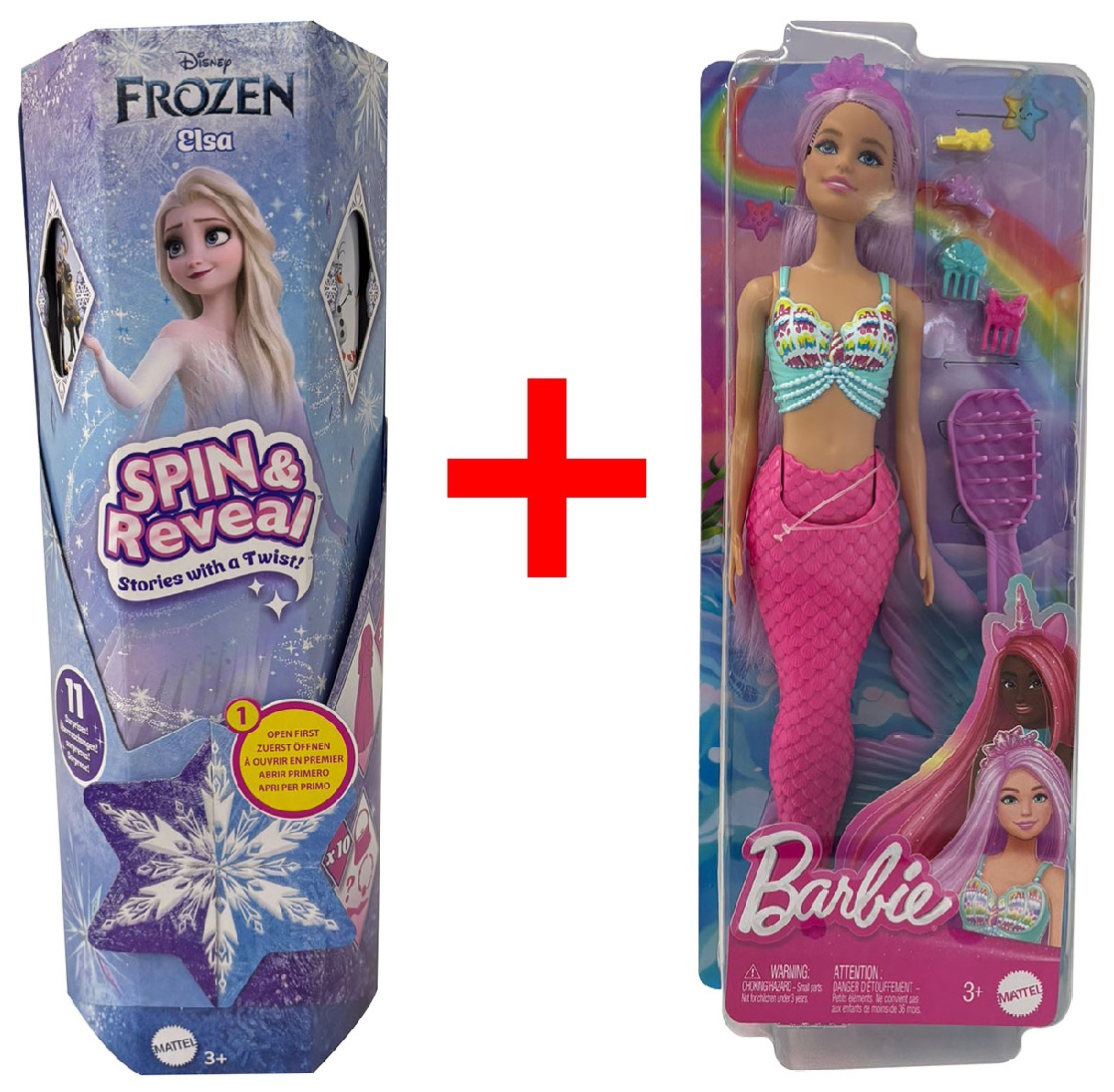 2er-Set Disney Frozen HTG25 Elsa-Puppe, 10 Überraschungen + HRR00 Barbie Meerjungfrau, bewegliche Schwanzflosse, Haar-Accessoires, Geschenk-Set