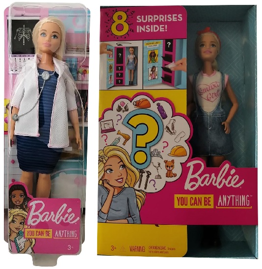 Mattel 2er Set FXP00 Barbie Karriere Puppe Ärztin mit Kittel + Stethoskop UND GLH62 Barbie Karriere Puppe mit 8 Überraschungen, Puppen-Set