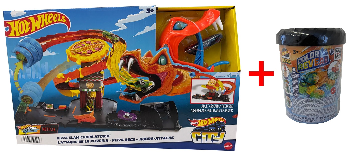 2er-Set Hot Wheels City HTN81 Pizza Slam Kobra Angriff + HJF39 Monster Trucks Color Reveal mit Farbwechseleffekt, Geschenk-Set