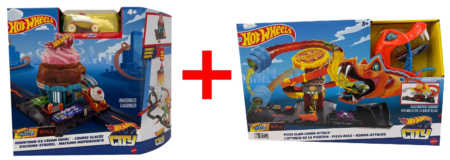 2er-Set Hot Wheels City Lets Race Netflix HTN77 Eiscreme Strudel Eisdiele und HTN81 Pizza Slam Kobra Angriff, Spielzeugautos, Rennstrecke, Geschenk-Set