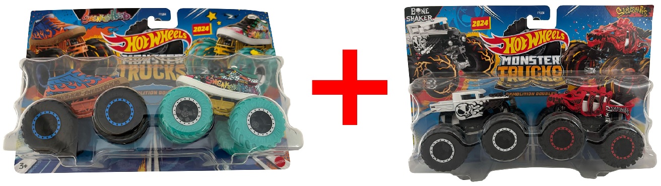 2er-Set Hot Wheels Monster Trucks Demolition Doubles, Sneakerhead vs Sneakerhead und Bone Shaker vs Skelesaurus, Double-Packs, Geschenk-Set