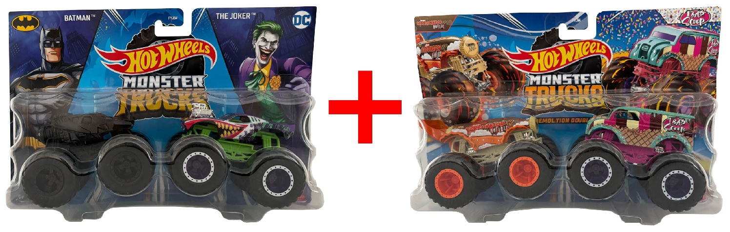 2er-Set Hot Wheels Monster Trucks Demolition Doubles, Batman vs The Joker und Carbonator XXL HWF LOAT vs 1 Bad Scoop, Double-Packs, Geschenk-Set