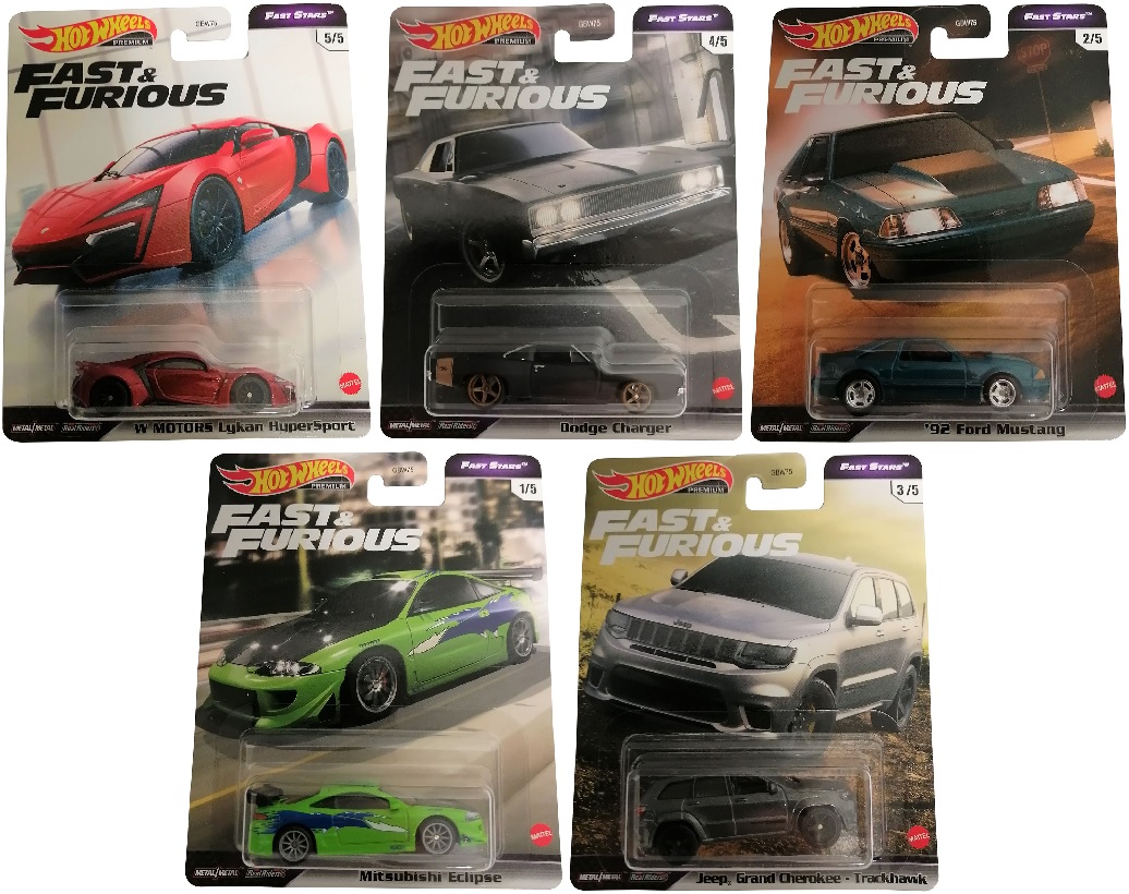 Mattel GBW75 Hot Wheels 5er-Set Premium Fast and Furious Fast Stars Real Riders Spielzeugautos, Sammel-Edition