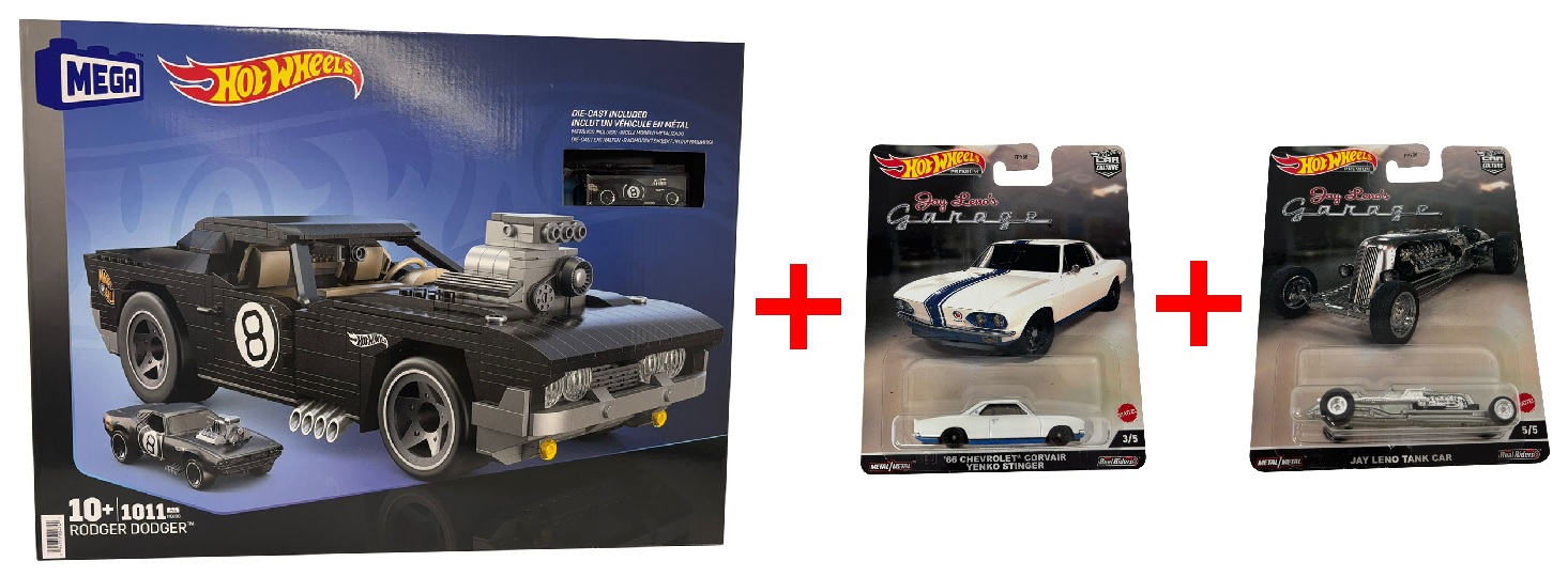 3er-Set Hot Wheels HDJ98 Rodger Dodger 1011 Teile + HCJ84 Jay Leno's Garage-Edition Corvette + HCJ85 Jay Leno Tank Car, Actioncars, Geschenk-Set