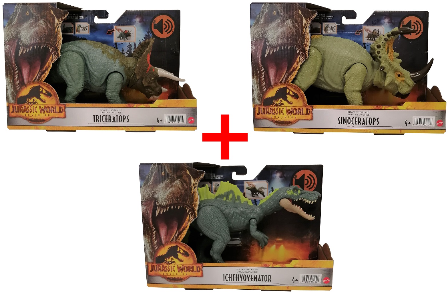 Mattel 3er-Set Jurassic World Dominion HDX40 Triceratops, HDX43 Sinoceratops, HDX44 Ichtyovenator mit Brüllattacken, Angriffsmodus und DNA Scankarten mit Sound
