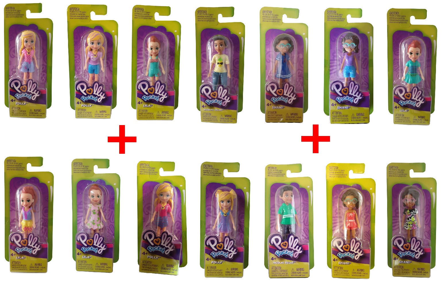 14er-Set Polly Pocket Modepuppen in modische Outfit, Nicklas, Lila, Shani, Kleider, Shorts, Sammelfiguren, Geschenk-Set