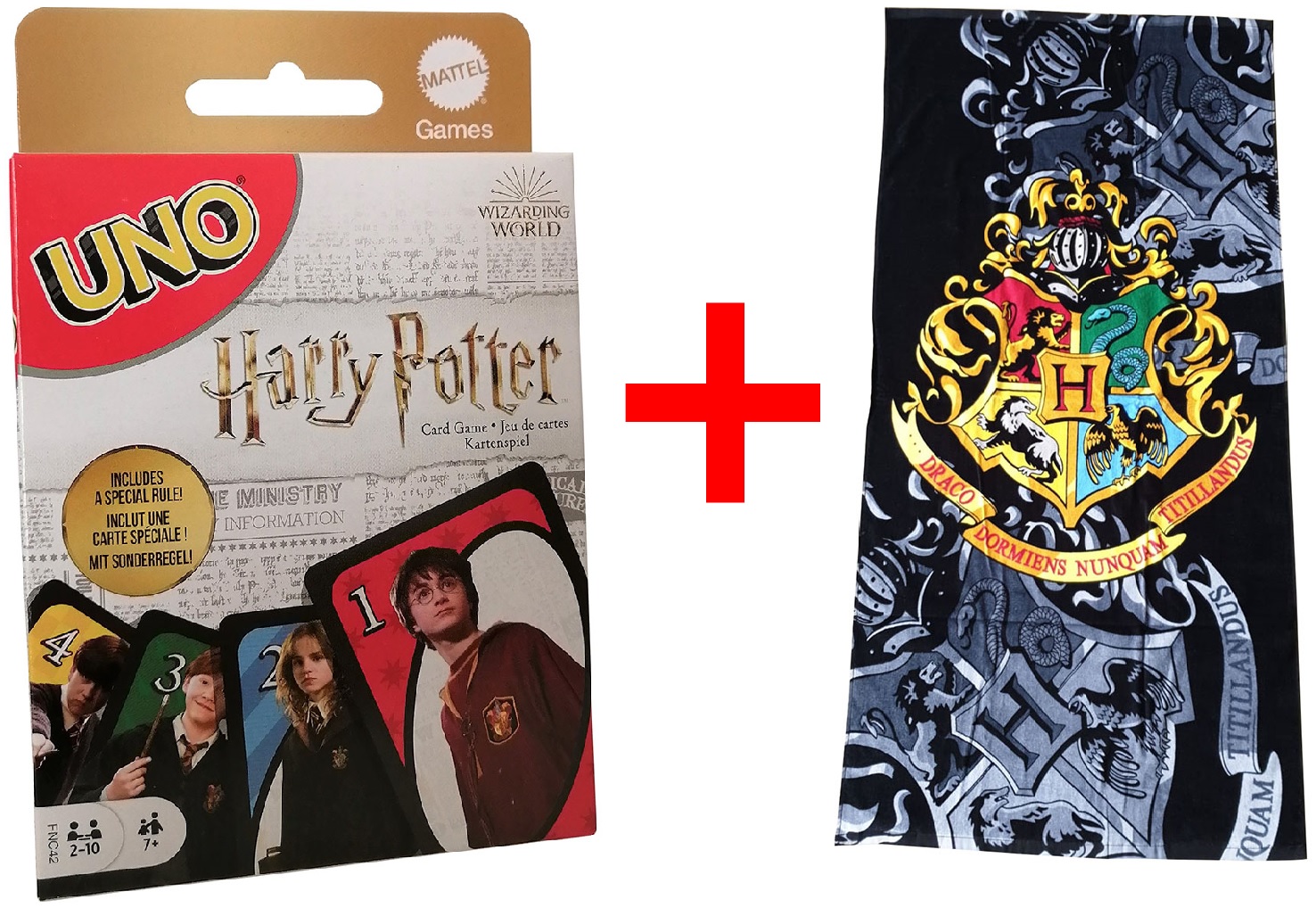 Harry Potter 2er Fan Set Mattel FNC42 UNO Hogwarts Kartenspiel und Strandtuch mit Hogwarts Wappen 70 x 140 cm, 100 % Baumwolle