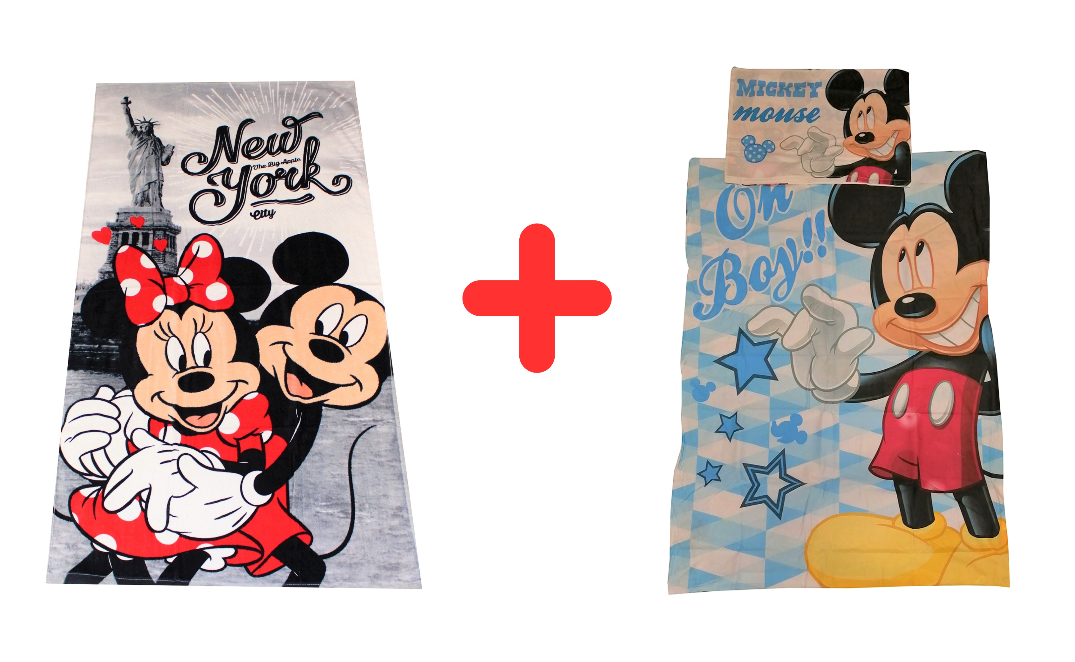 Disney Mickey Maus Geschenk Set Handtuch Mickey und Minnie New York + Wendebettwäsche Oh Boy blau für Kinder 100x135 cm, 100% Baumwolle