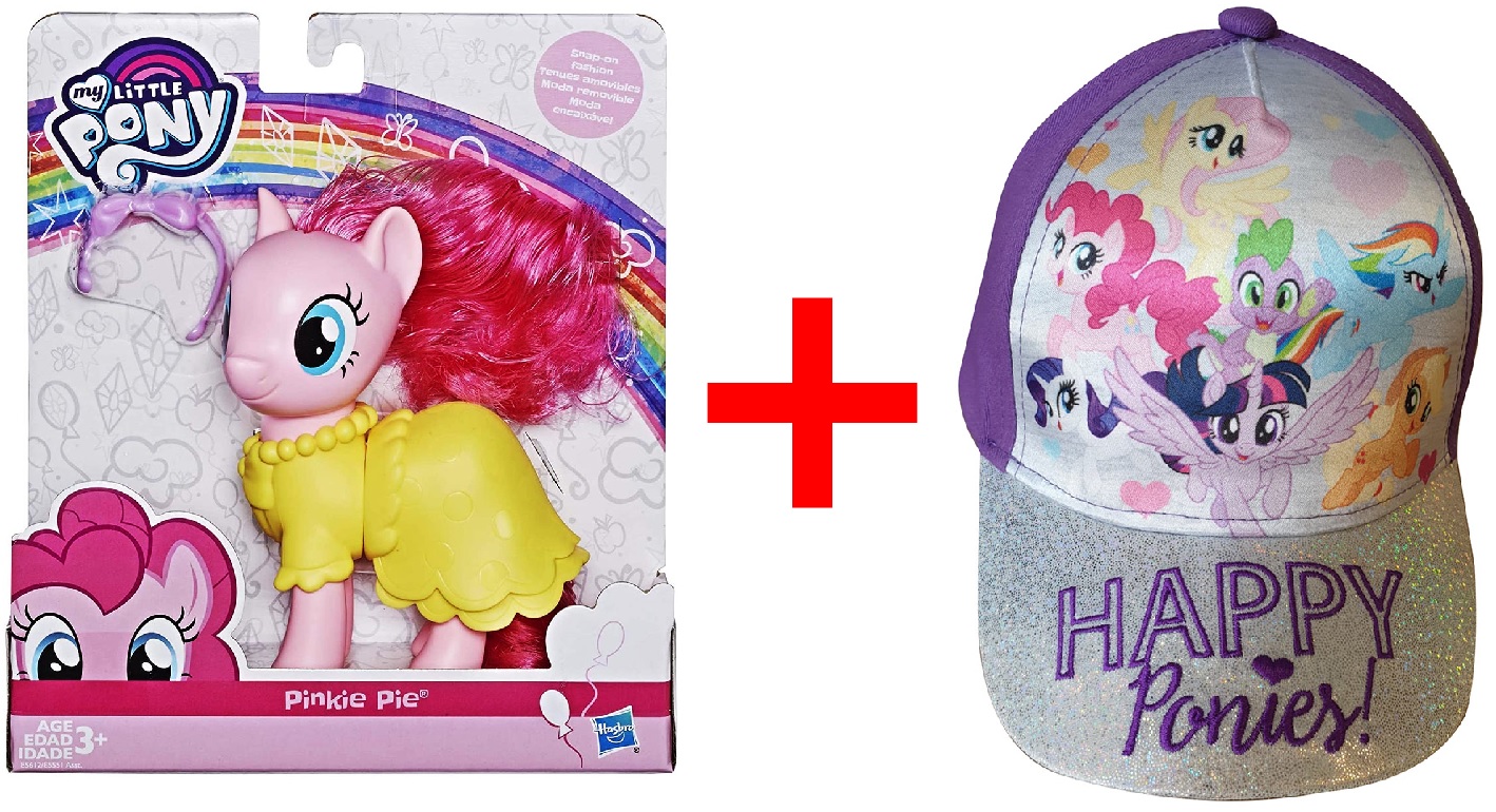 Hasbro E5612 My Little Pony Pinkie Pie Snap-on Fashion Figur mit Rock, Shirt, Haarband und Glitzer-Kappe Gr. 54 mit Fluttershy, Pinkie Pie, Rarity, Geschenk-Set