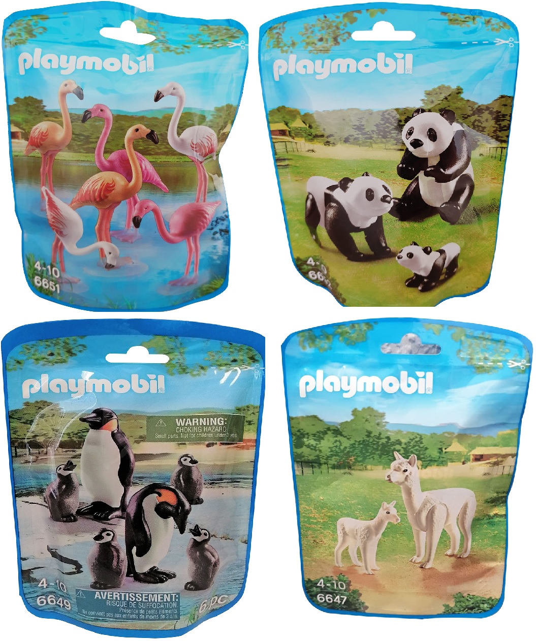 Playmobil 4er Set Tierfiguren Set 6651 Flamingo, 6652 Panda, 6649 Pinguine, 6647 Alpaka