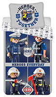 Playmobil Kinderbettwäsche Heroes Together Heroes Everyday Polizeimann Feuerwehrmann Fire Hero, Bettdecke 140 x 200 + Kopfkissen 70 x 90 cm, 100% Baumwolle
