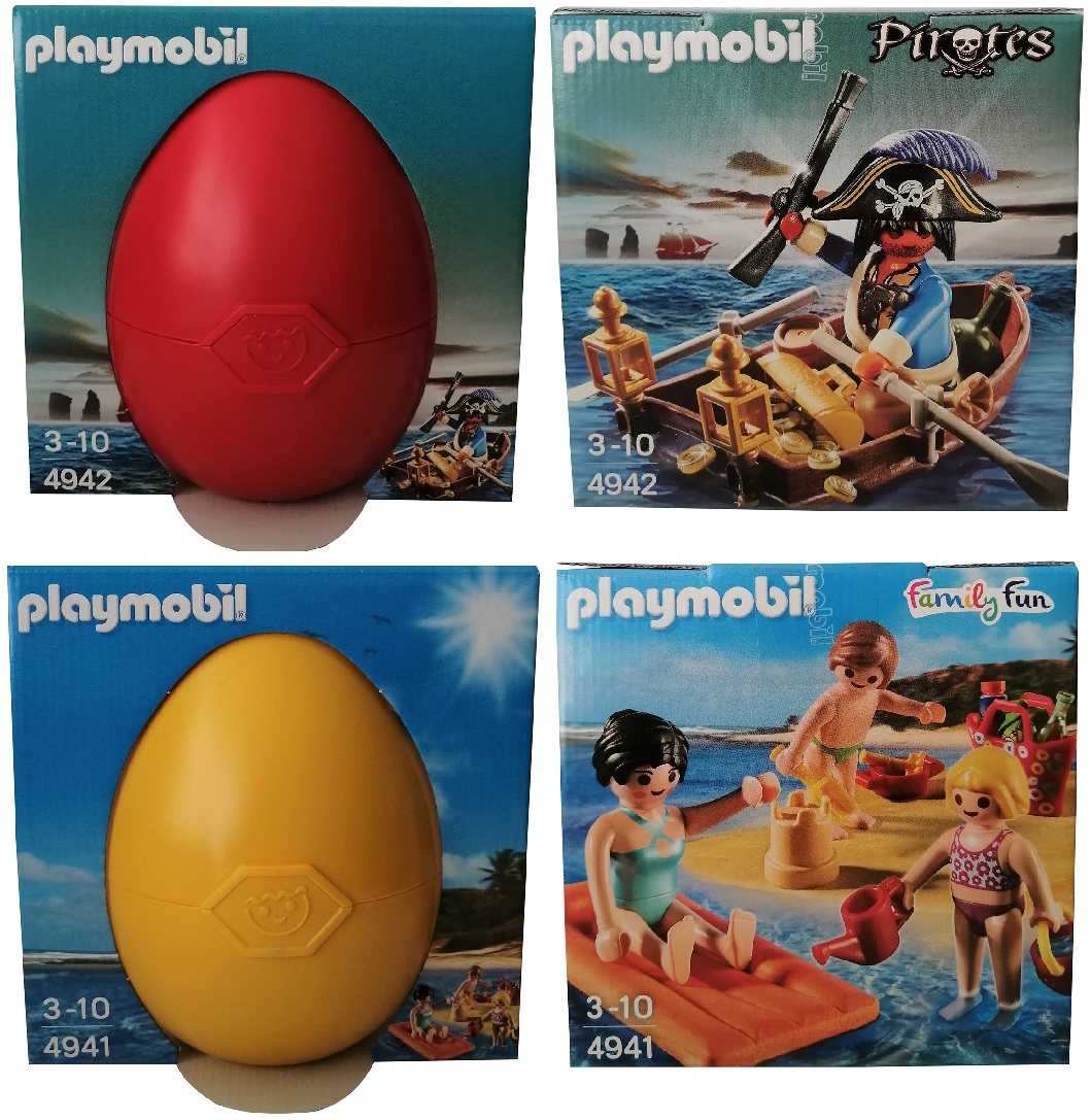 Playmobil Spiel-Set im Osterei, 4942 Pirat im Paddelboot oder 4941 Familientag am Strand mit viel Zubehör, Sammelfiguren (Auswahl)
