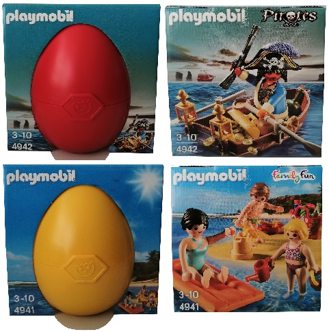 Playmobil Spiel-Set im Osterei, 4942 Pirat im Paddelboot oder 4941 Familientag am Strand mit viel Zubehör, Sammelfiguren (Auswahl)