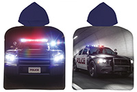 Polizei Fahrzeug Streifenwagen Einsatz Blaulicht Police Kinder Badeponcho mit Kapuze schwarz, 50 x 100 cm, 100 % Baumwolle