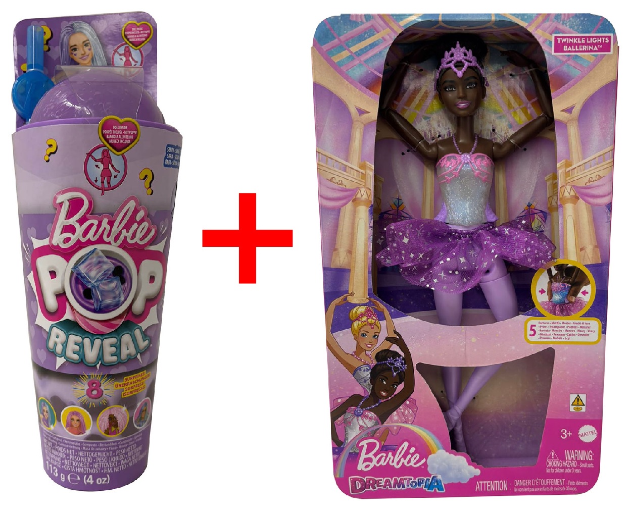 2er-Set Barbie HTJ19 Pop Reveal Puppe Farbwechselfunktion + HLC26 Dreamtopia Twinkle Lights Ballerina, Zubehör, Geschenk-Set