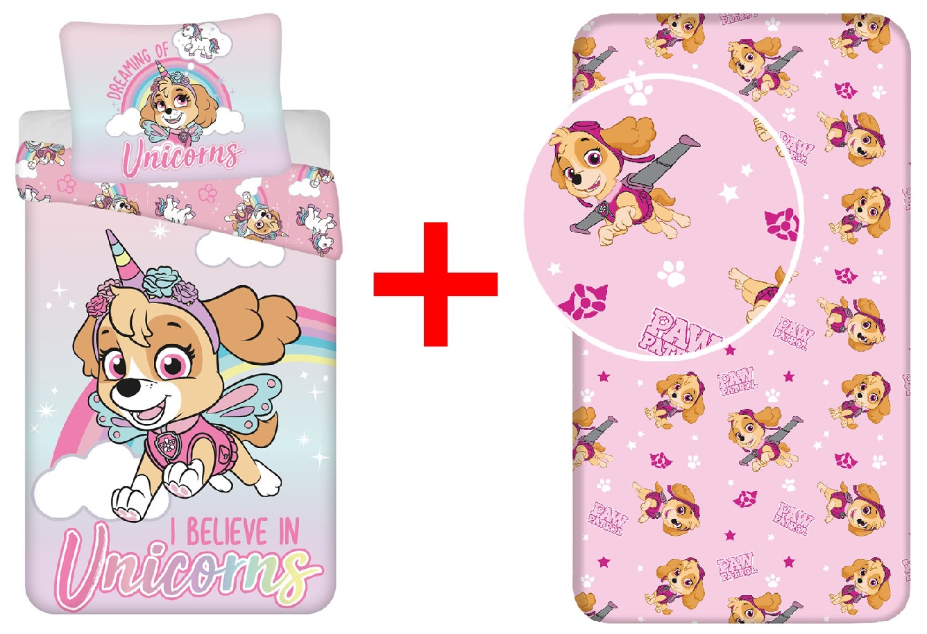 2er-Set Paw Patrol Skye Bettwäsche-Set 140 x 200 cm + 70 x 90 cm und Spannbettlaken 90 x 200 cm +25 cm, Baumwolle, Geschenk-Set