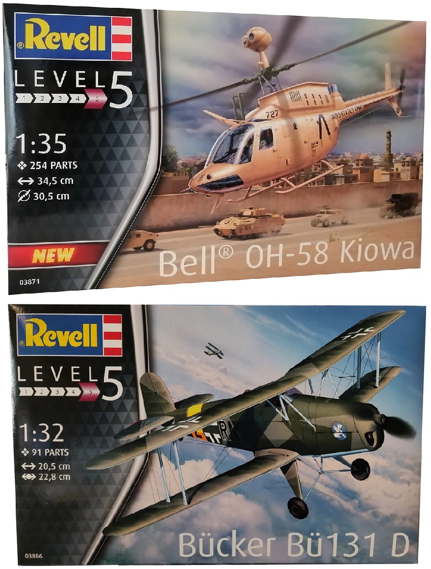 Revell 2er-Set Modellbausätze 03871 Bell OH-58 Kiowa und 03886 Bücker Bü131 D, Helikopter, Flugzeug, Level 5