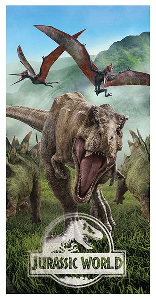 Strandtuch Handtuch Saunatuch T-Rex mit weißen Jurassic World Logo 140 cm x 70 cm, 100 % Baumwolle